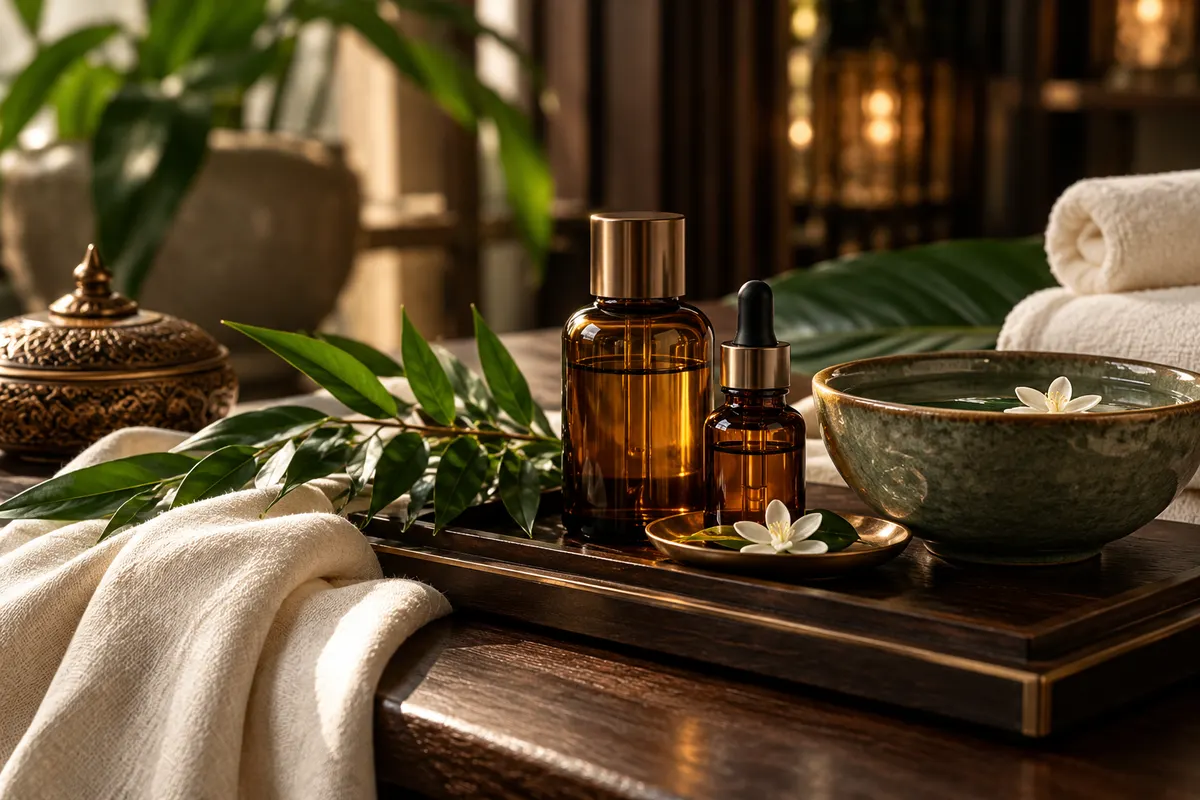 Illustrative amber aromatherapy bottles, greenery and a ceramic bowl beside ivory linen