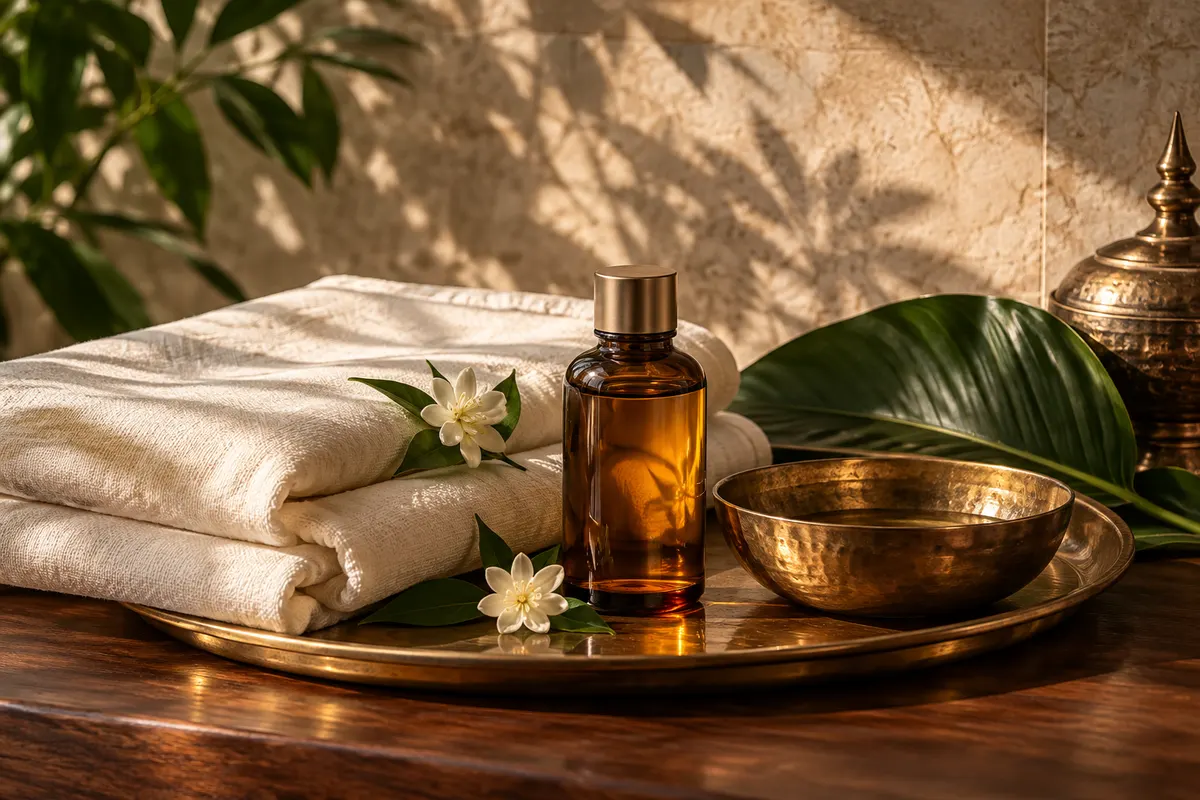 Illustrative folded ivory massage linen, an amber oil bottle and a bronze tray