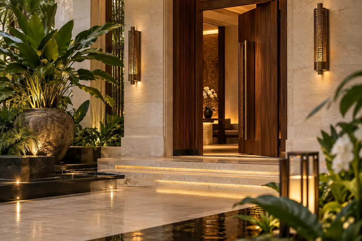 Illustrative limestone entrance with a walnut door and tropical plant