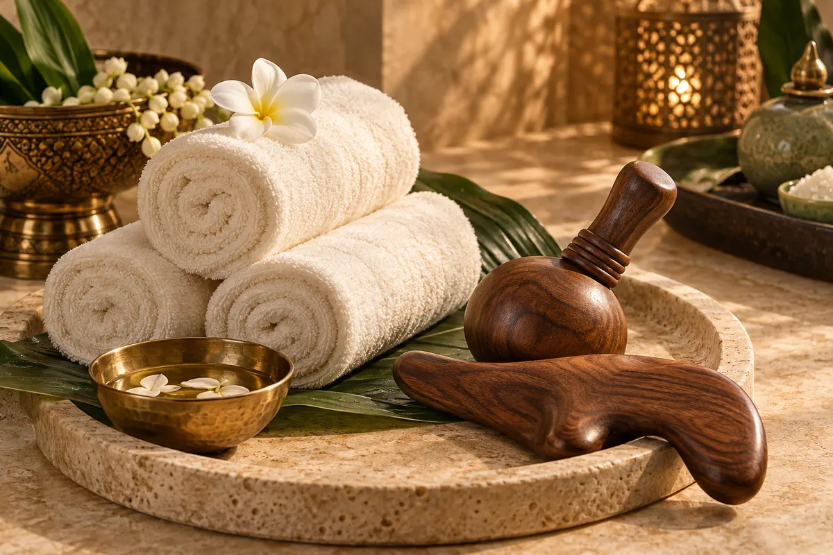 Illustrative rolled ivory towels and carved wooden massage accessories on warm stone