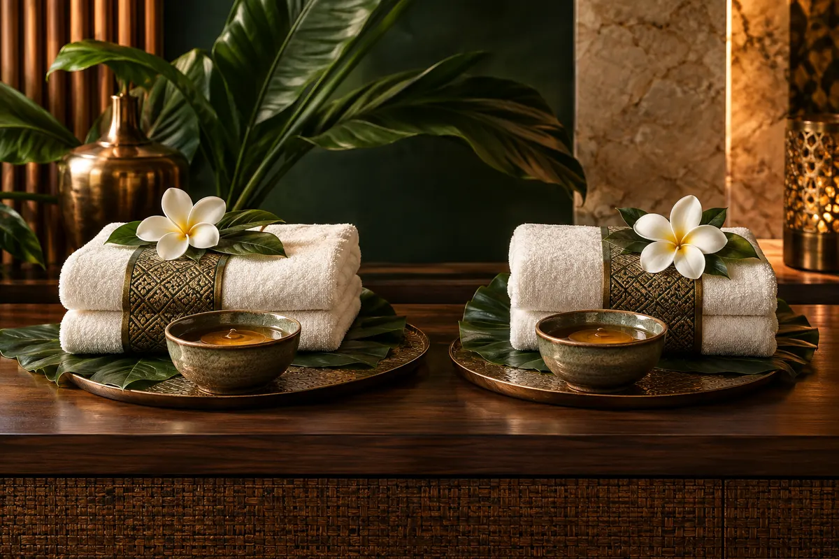 Illustrative paired linen bundles and two ceramic oil bowls on a walnut console