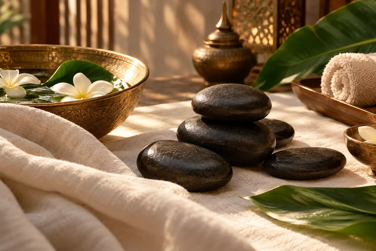 Illustrative smooth dark massage stones arranged on ivory linen