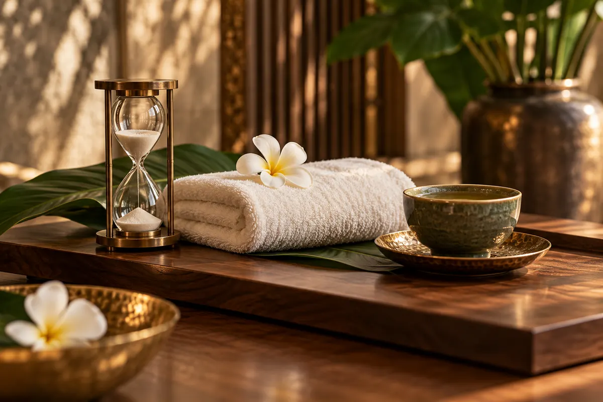 Illustrative hourglass, folded ivory towel and ceramic tea cup on walnut