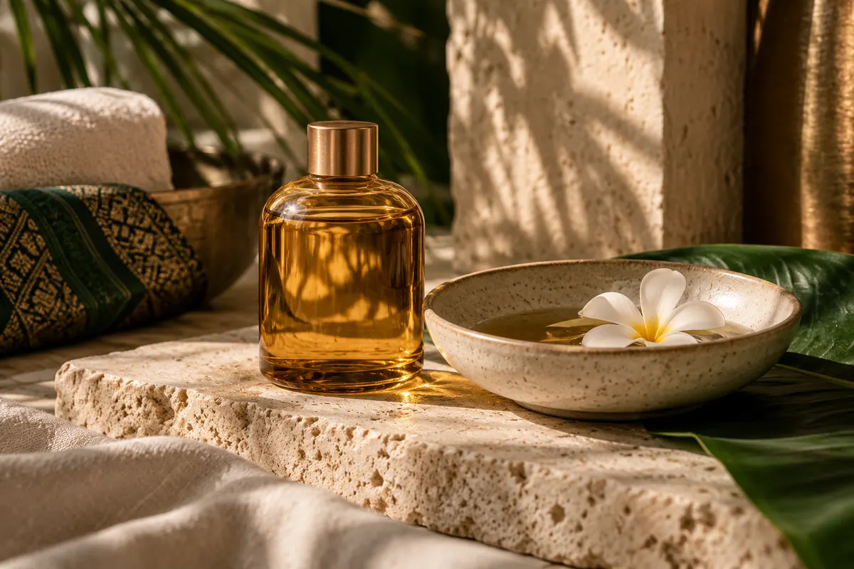 Illustrative amber oil bottle and ceramic dish on travertine beside folded linen