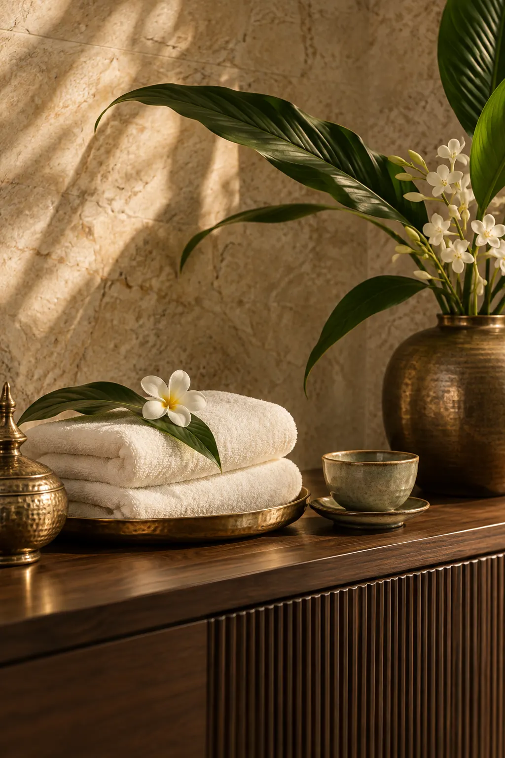 Illustrative spa still life with folded linen and a ceramic tea cup